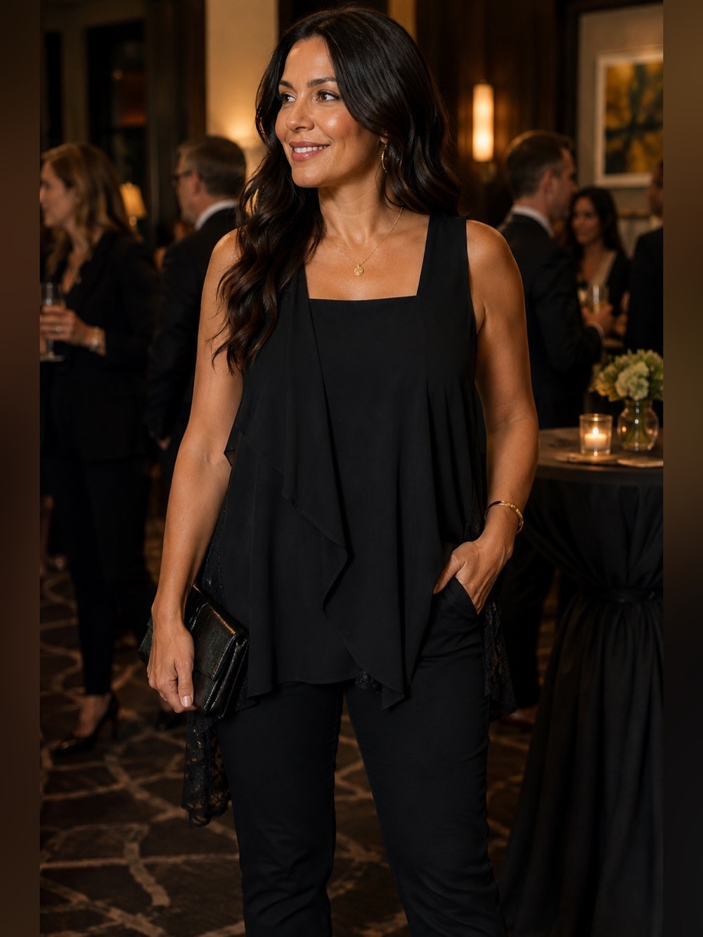Alfani Sleeveless Black Draped top with lace inserts and front ruffle.